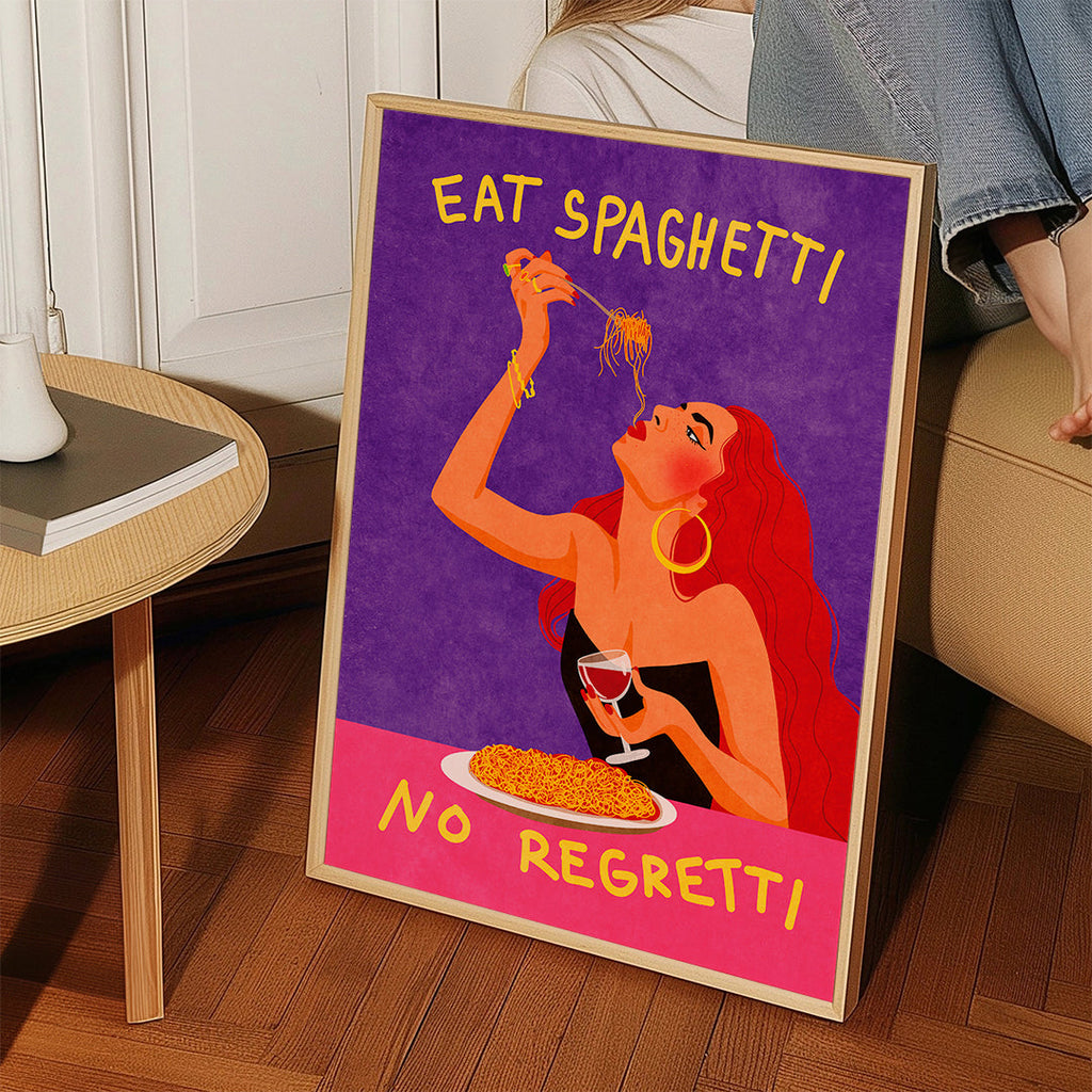 Køkkenkunst pop-illustration: kvinde spiser spaghetti