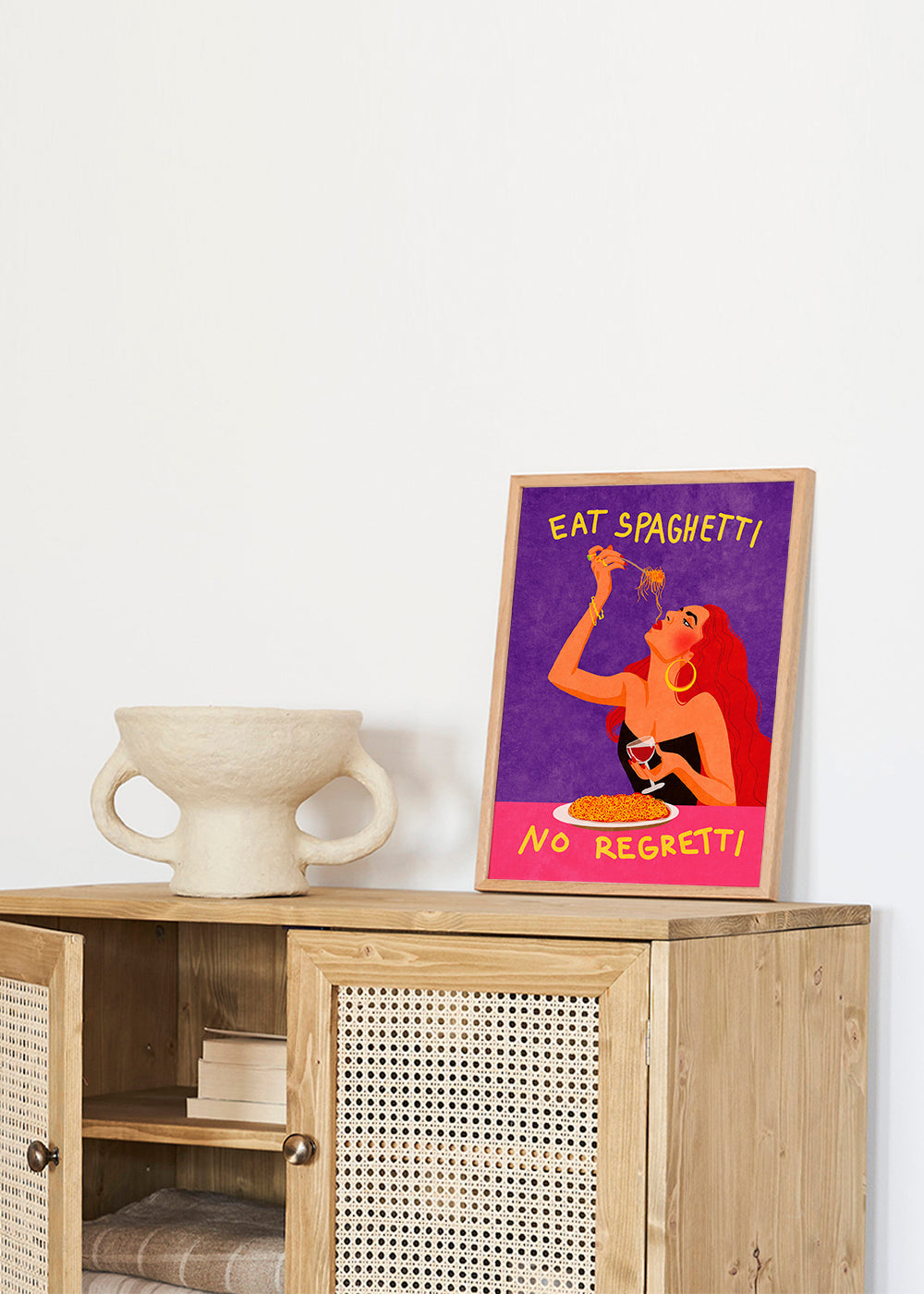 Køkkenkunst pop-illustration: kvinde spiser spaghetti