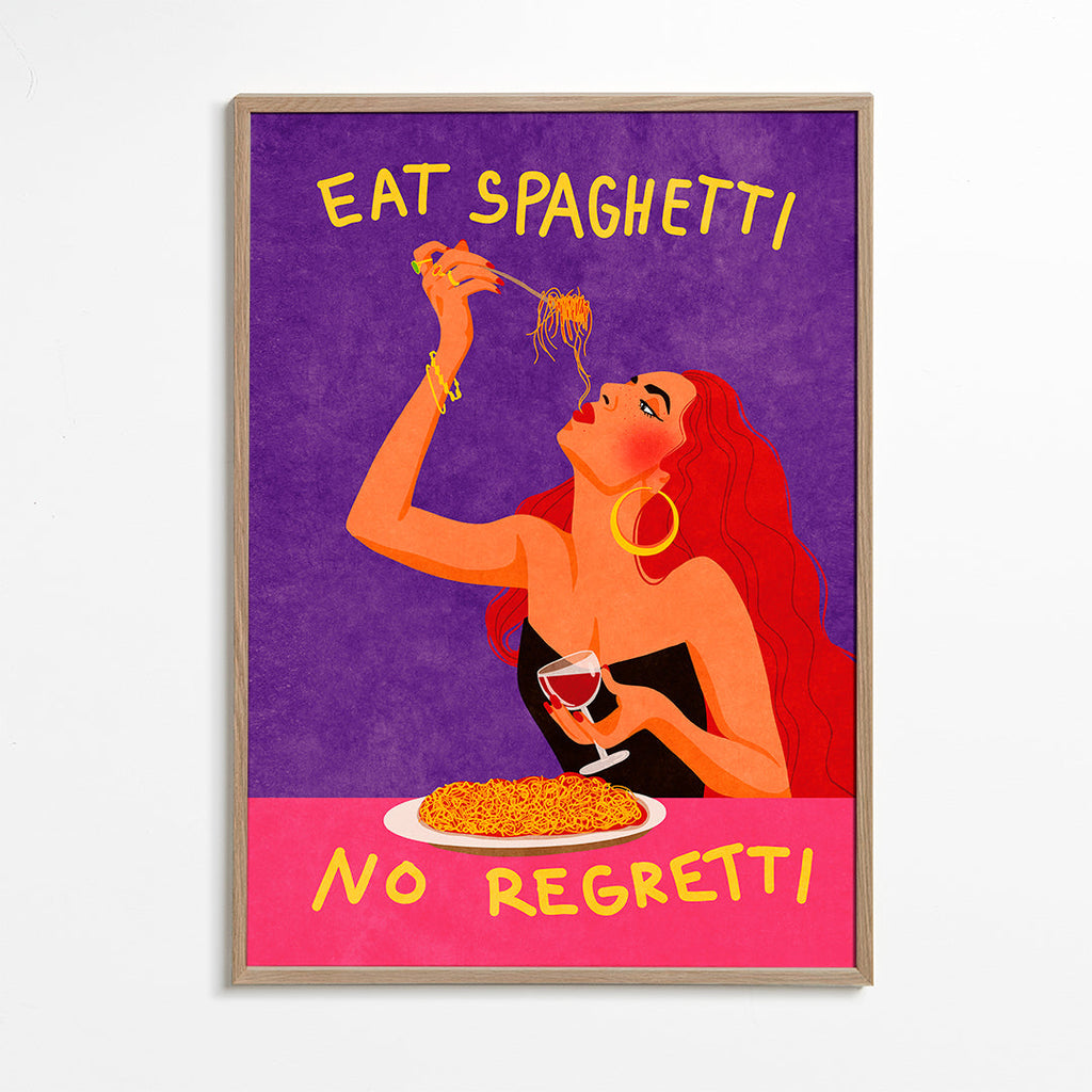 Køkkenkunst pop-illustration: kvinde spiser spaghetti