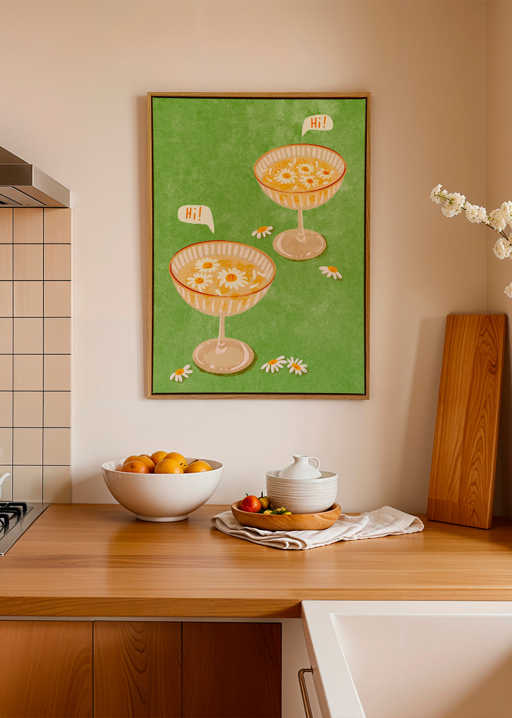 Botanisk plakat med glas og margueritter