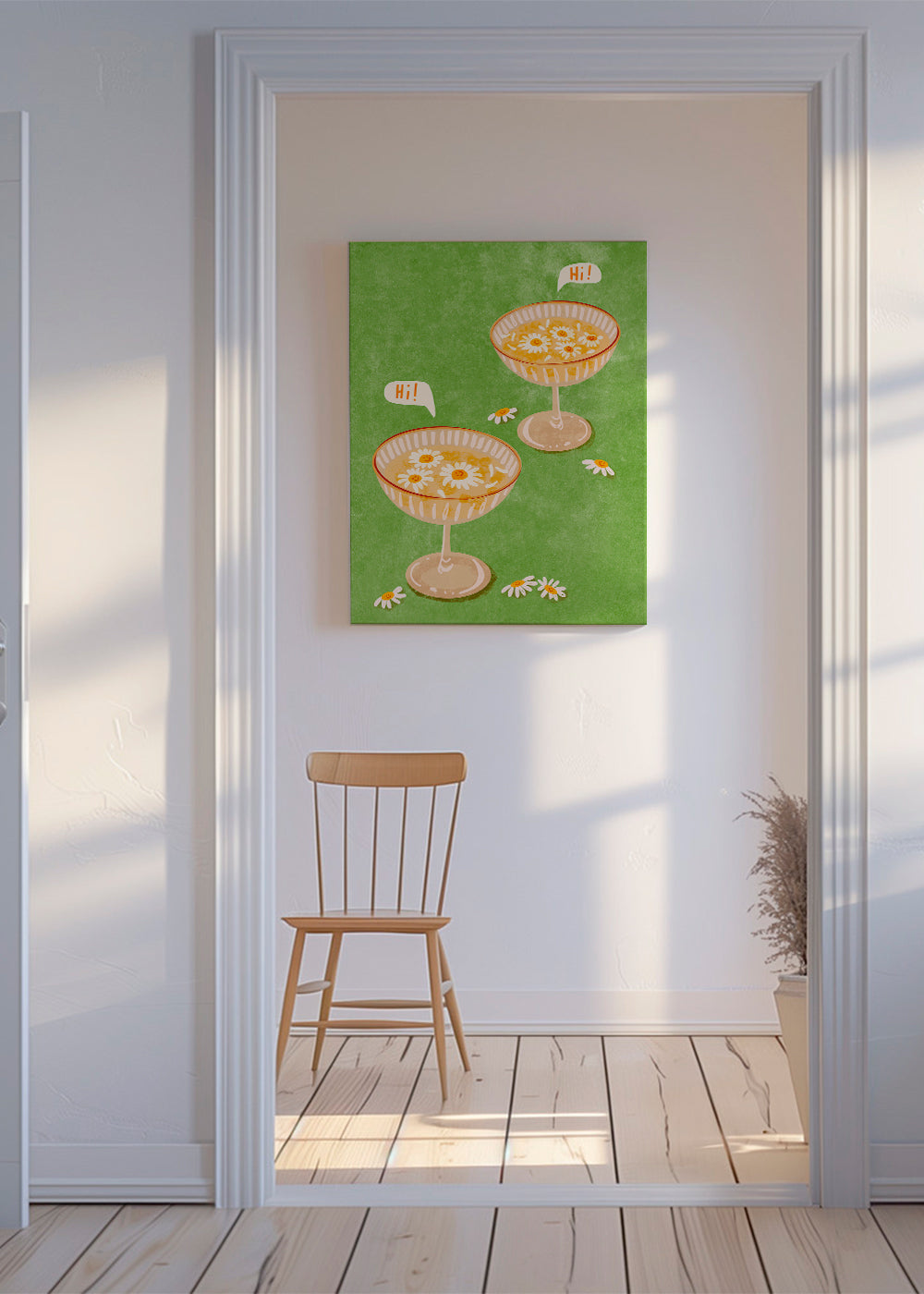 Botanisk plakat med glas og margueritter