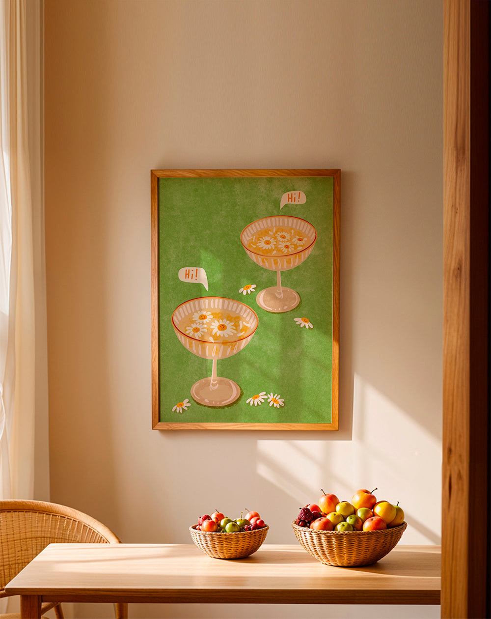 Botanisk plakat med glas og margueritter