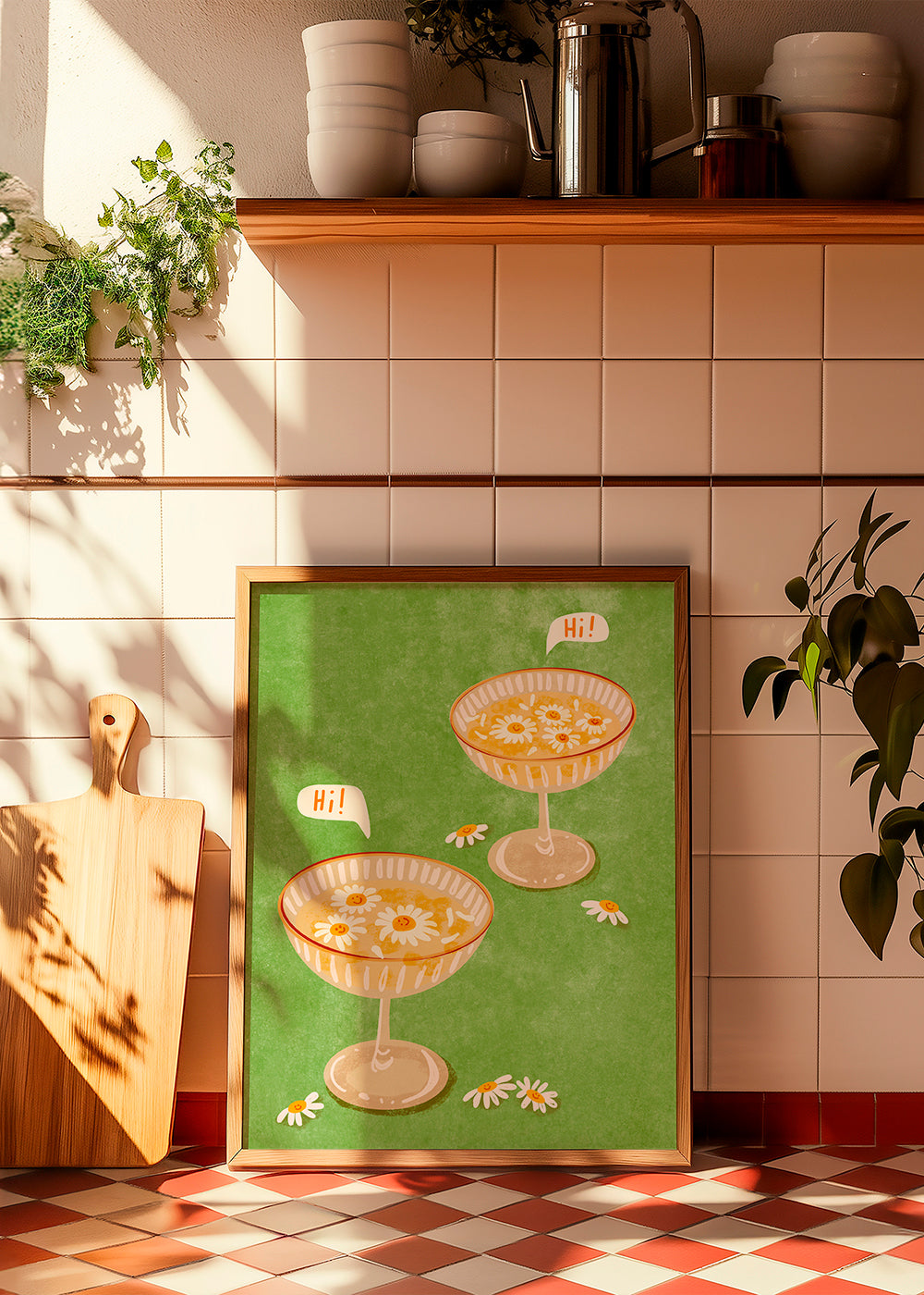 Botanisk plakat med glas og margueritter