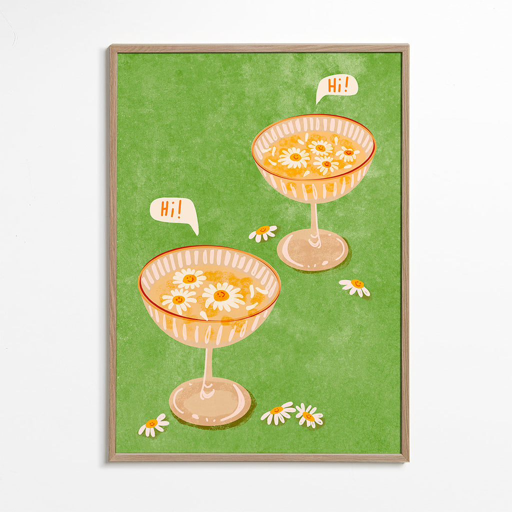 Botanisk plakat med glas og margueritter