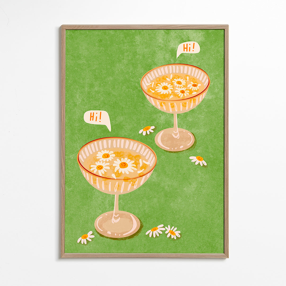 Botanisk plakat med glas og margueritter