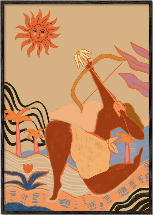 Illustration sol og bueskytte i varme toner