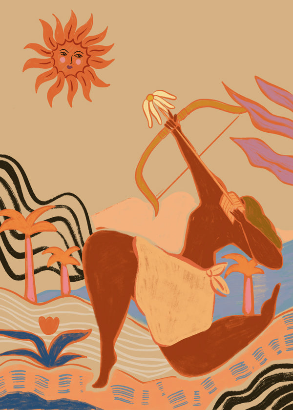 Illustration sol og bueskytte i varme toner