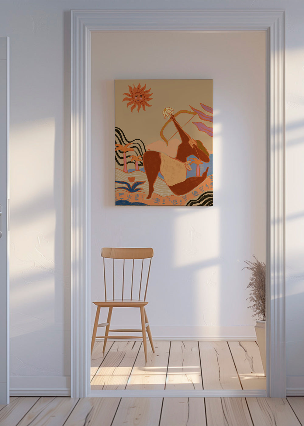Illustration sol og bueskytte i varme toner