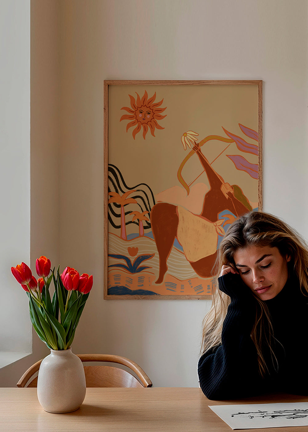 Illustration sol og bueskytte i varme toner