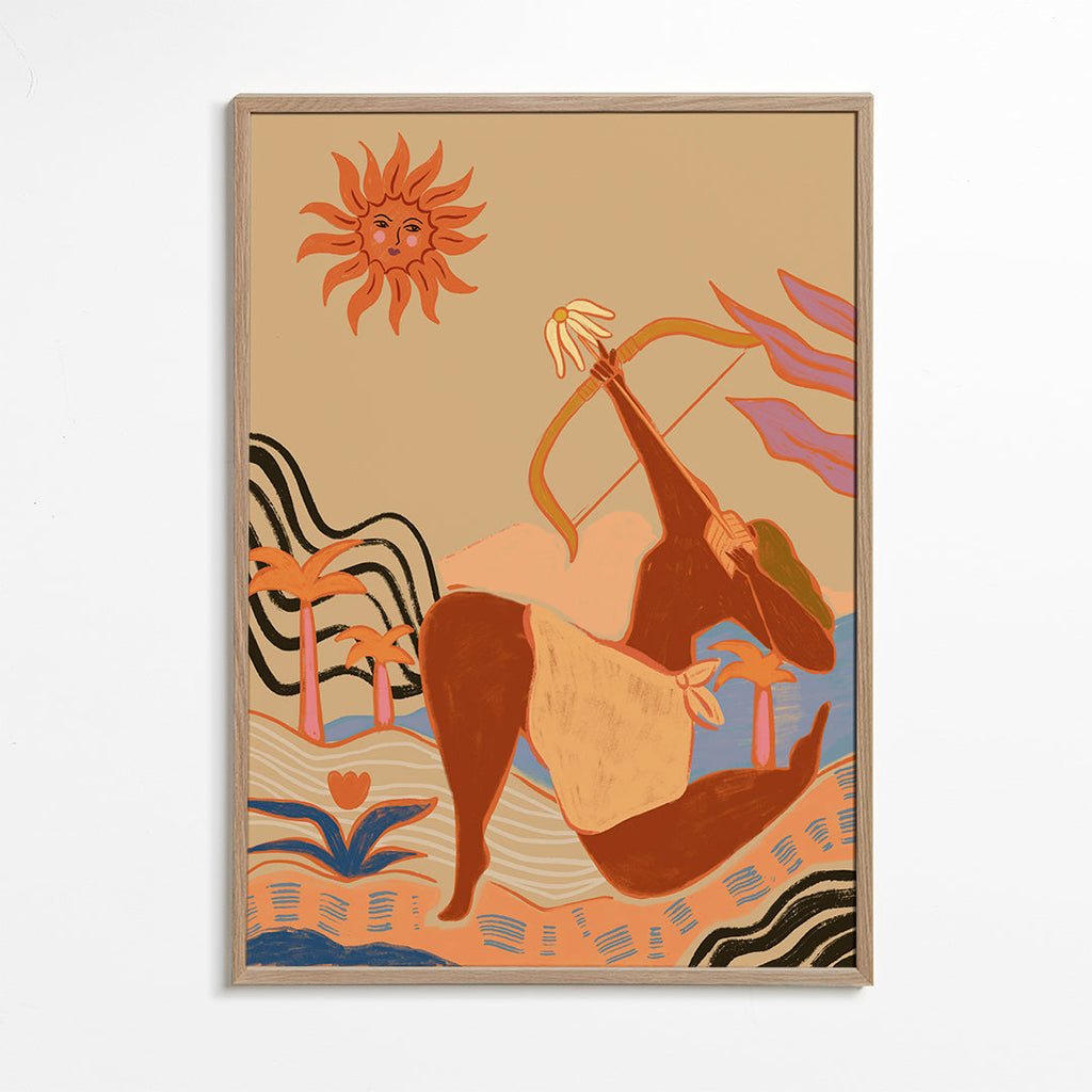 Illustration sol og bueskytte i varme toner
