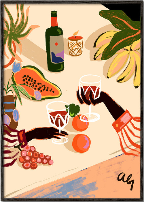 Køkkenkunst: illustreret stilleben med vin og frugt