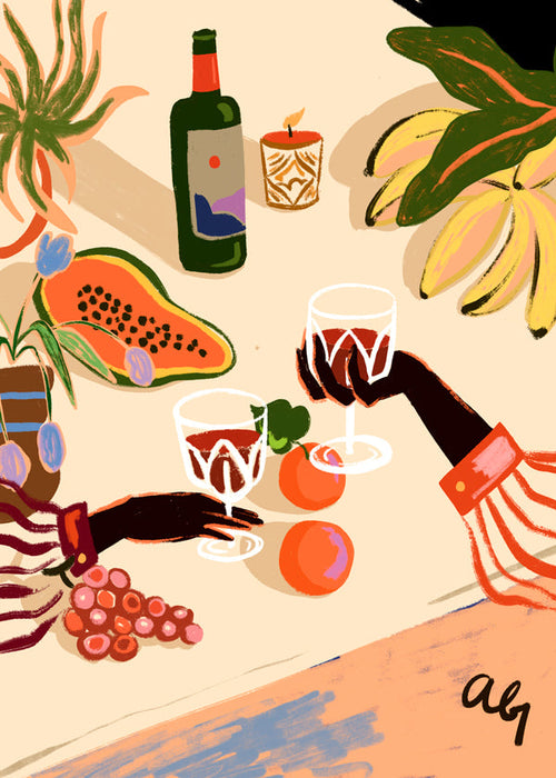 Køkkenkunst: illustreret stilleben med vin og frugt