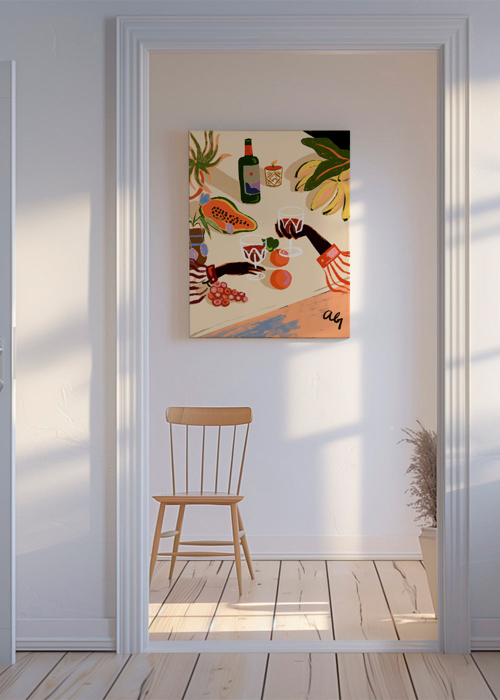 Køkkenkunst: illustreret stilleben med vin og frugt