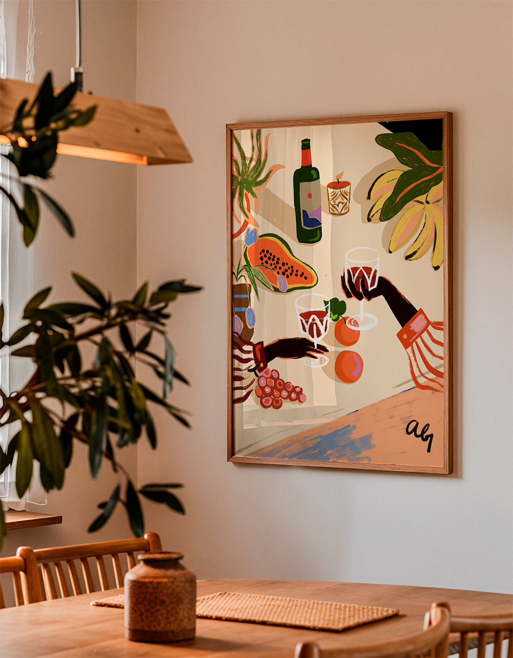 Køkkenkunst: illustreret stilleben med vin og frugt