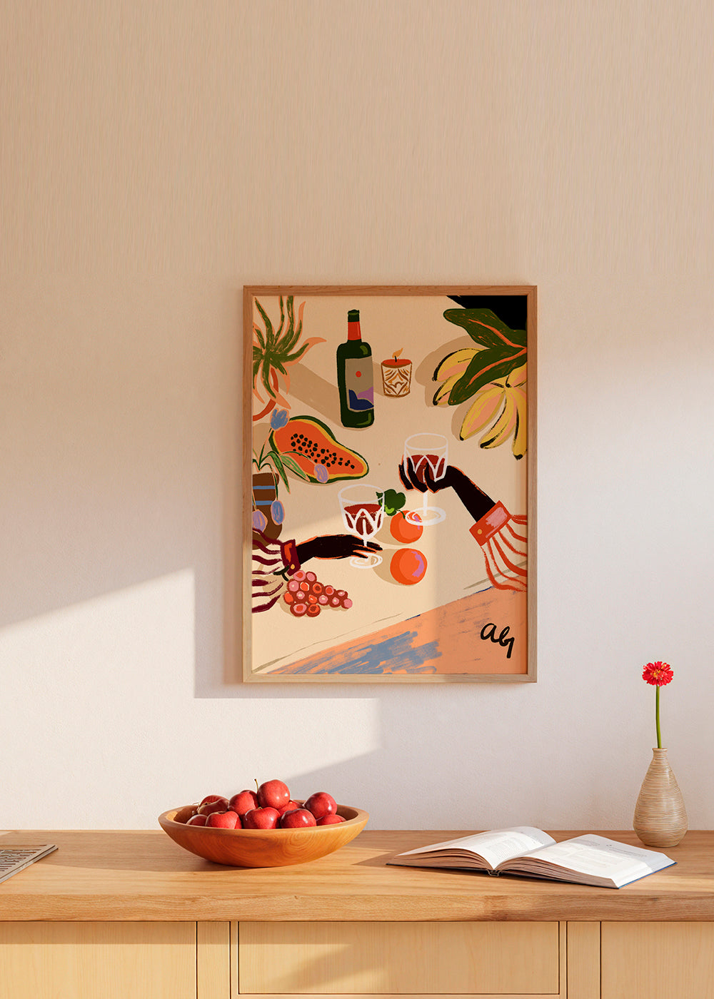 Køkkenkunst: illustreret stilleben med vin og frugt