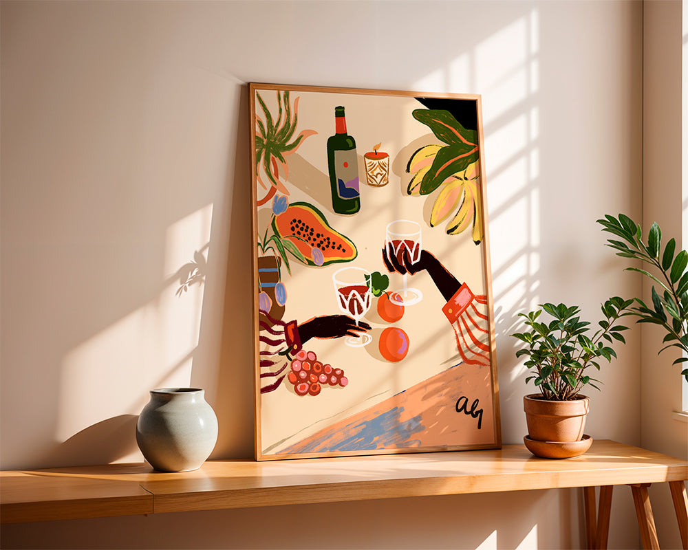 Køkkenkunst: illustreret stilleben med vin og frugt