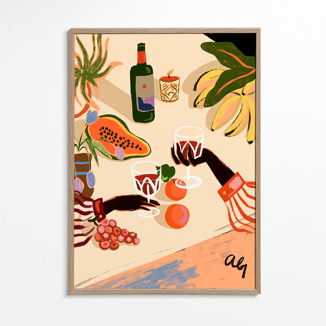 Køkkenkunst: illustreret stilleben med vin og frugt