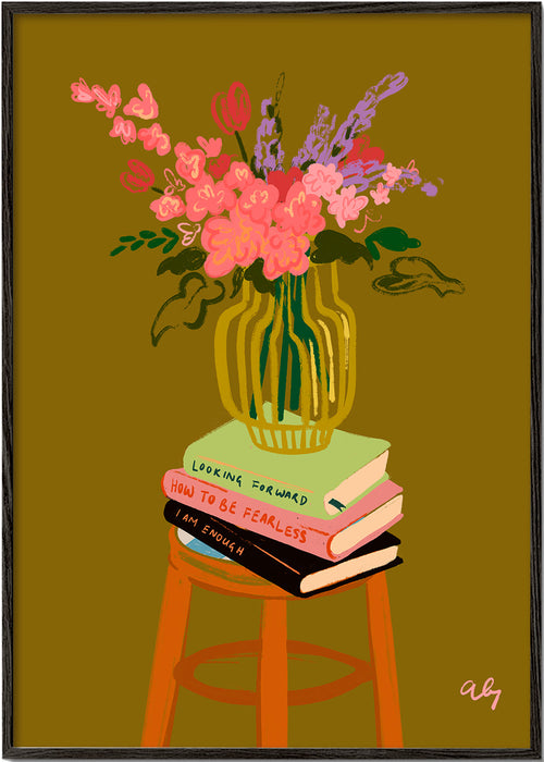 Botanisk plakat: vase med blomster på bøger
