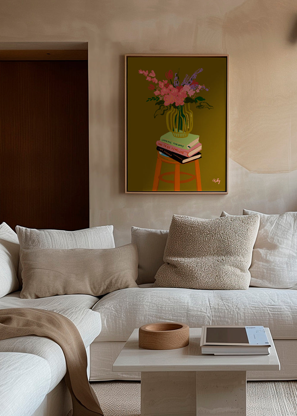 Botanisk plakat: vase med blomster på bøger