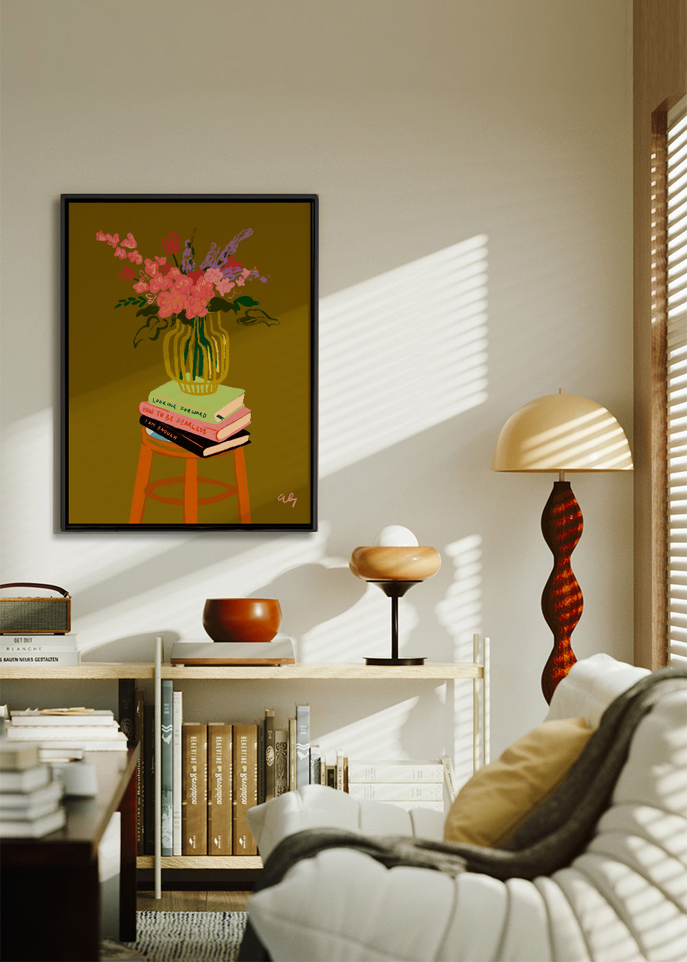 Botanisk plakat: vase med blomster på bøger