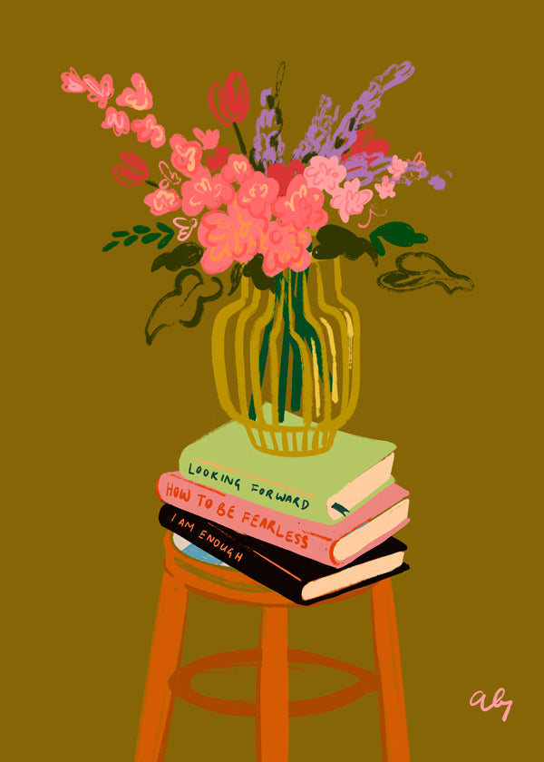 Botanisk plakat: vase med blomster på bøger