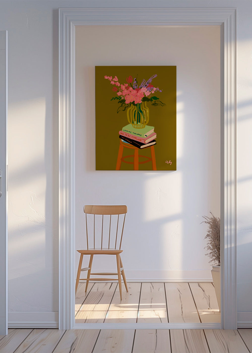 Botanisk plakat: vase med blomster på bøger