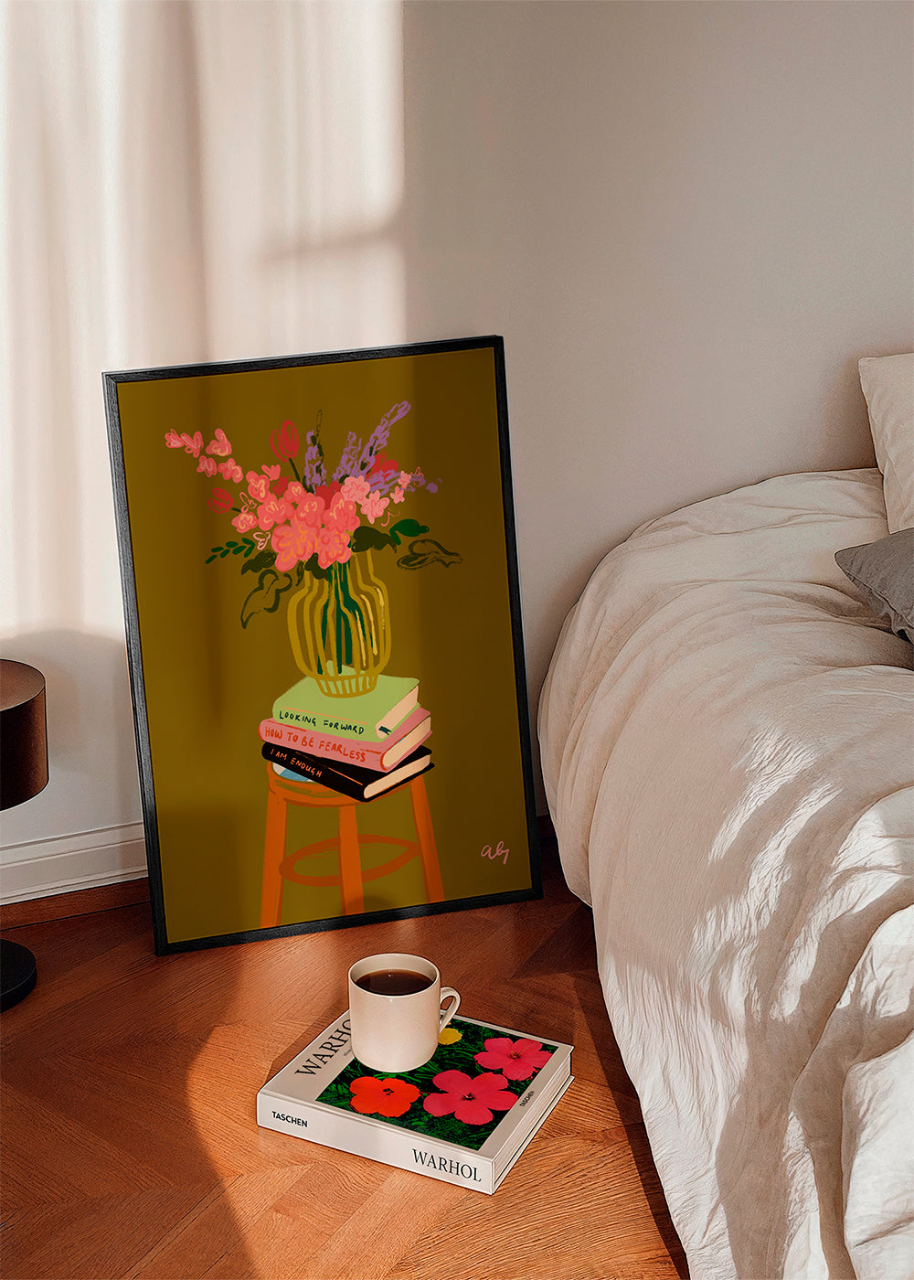 Botanisk plakat: vase med blomster på bøger