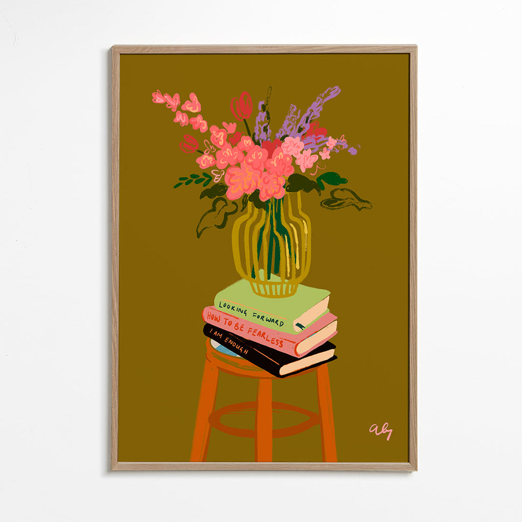 Botanisk plakat: vase med blomster på bøger