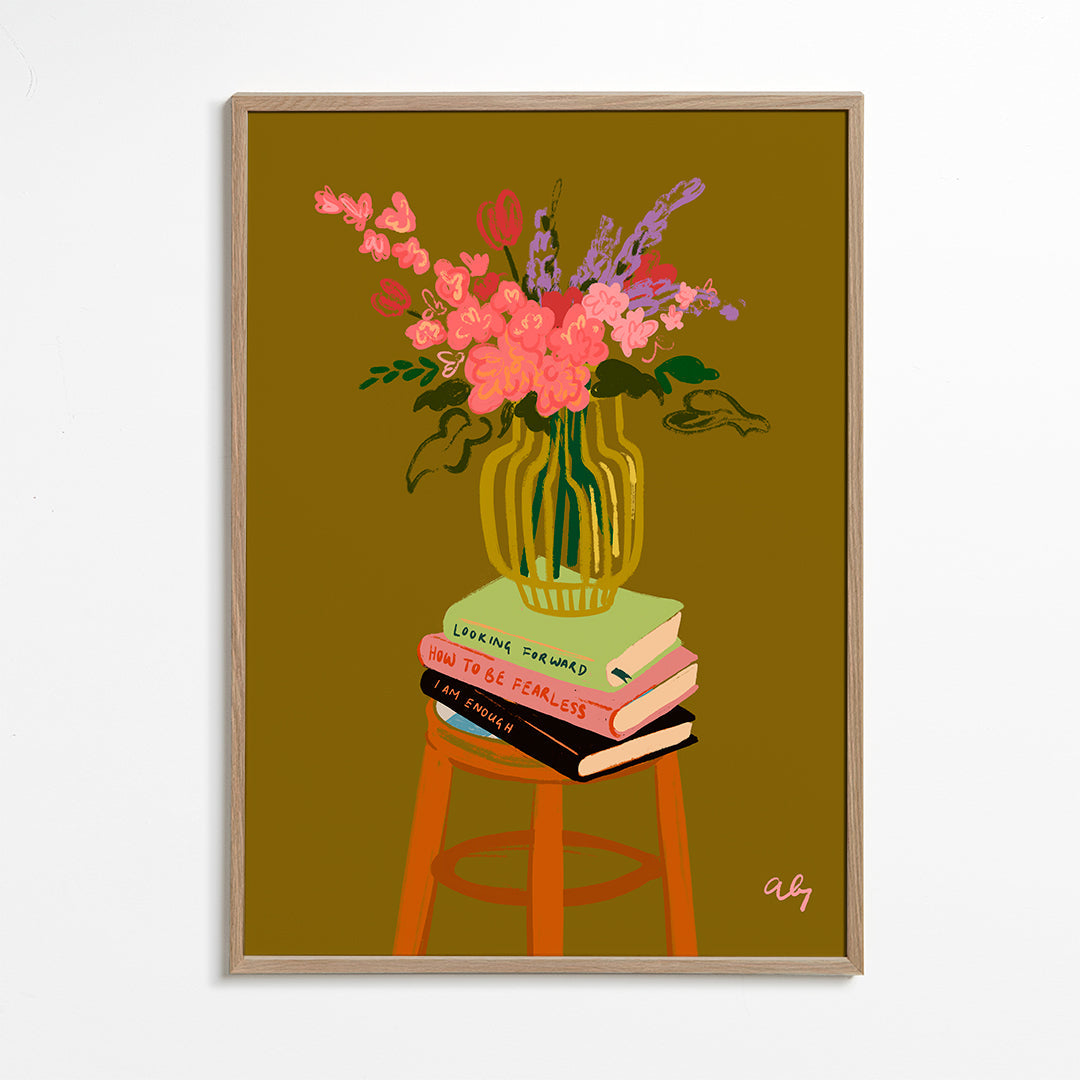 Botanisk plakat: vase med blomster på bøger