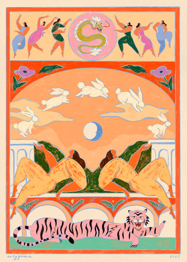 Illustration: lyserød tiger med legesyge kaniner