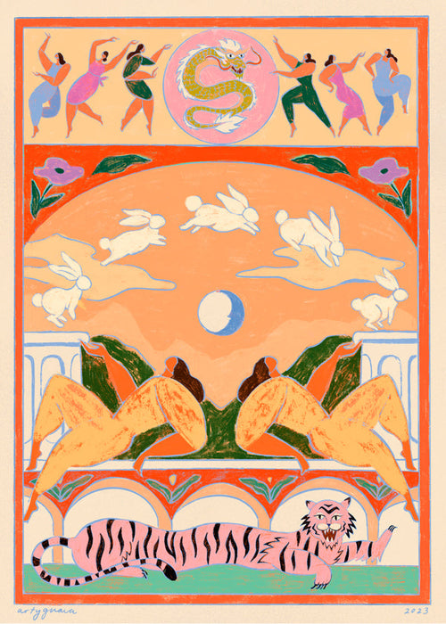 Illustration: lyserød tiger med legesyge kaniner