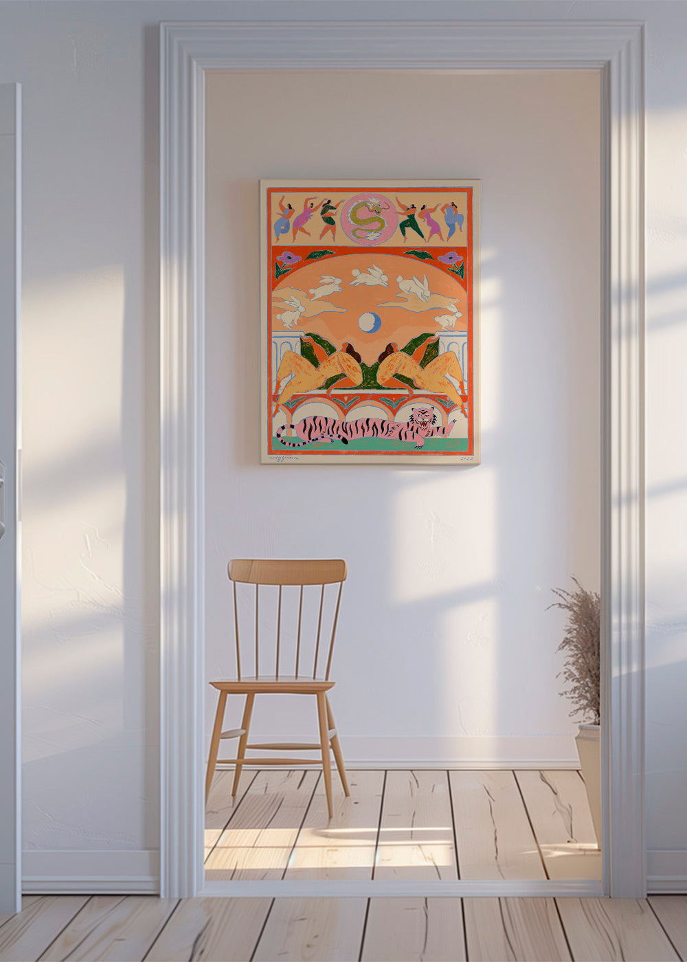 Illustration: lyserød tiger med legesyge kaniner