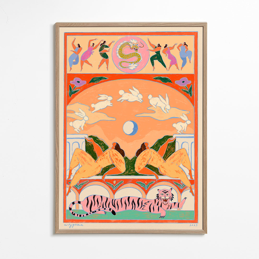 Illustration: lyserød tiger med legesyge kaniner