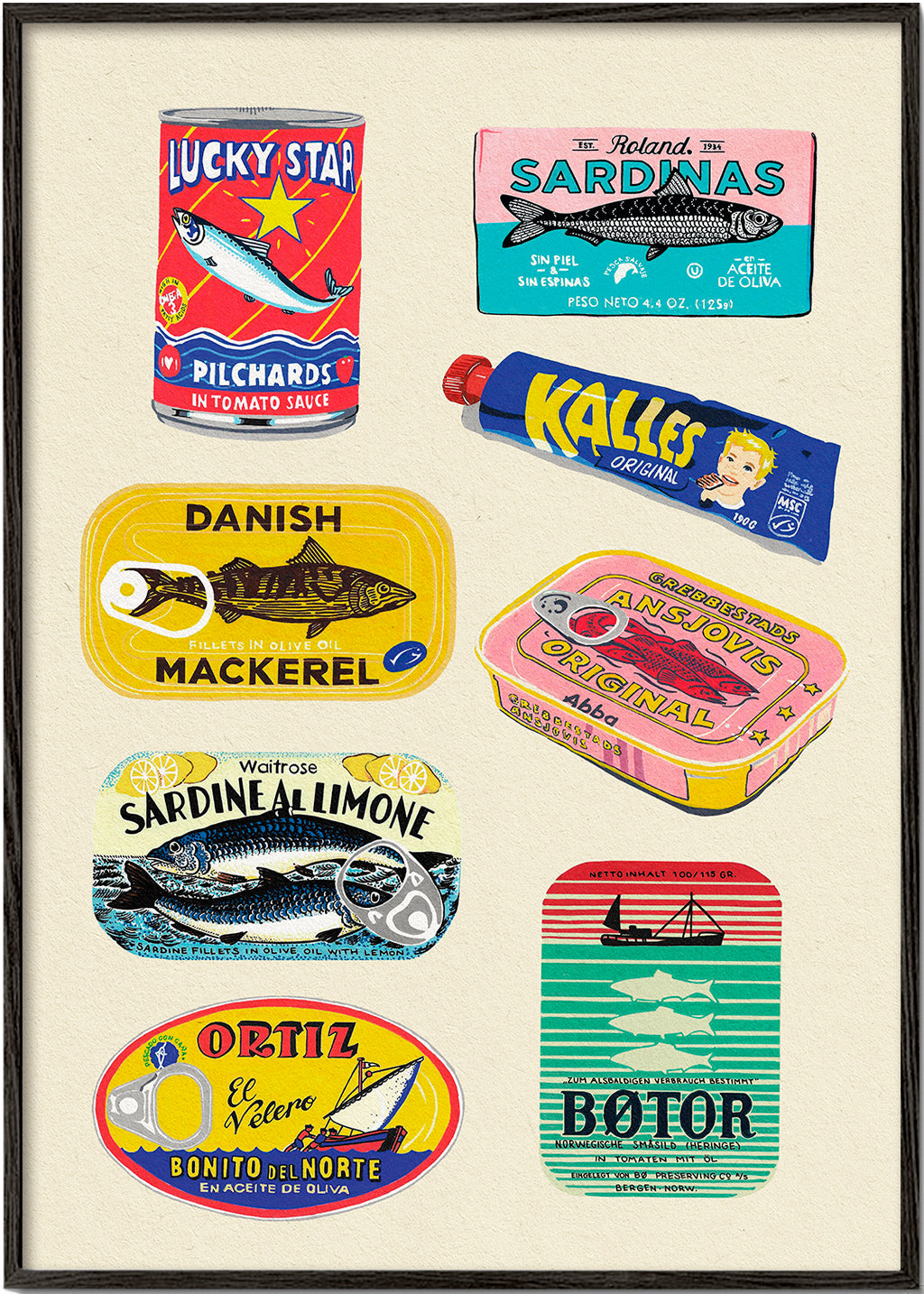 Køkkenkunst med illustrerede konservesetiketter