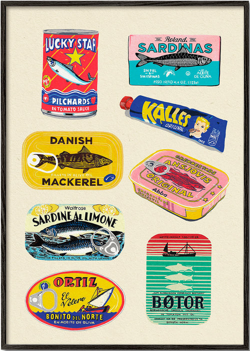 Køkkenkunst med illustrerede konservesetiketter