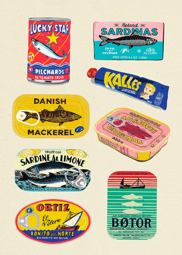 Køkkenkunst med illustrerede konservesetiketter