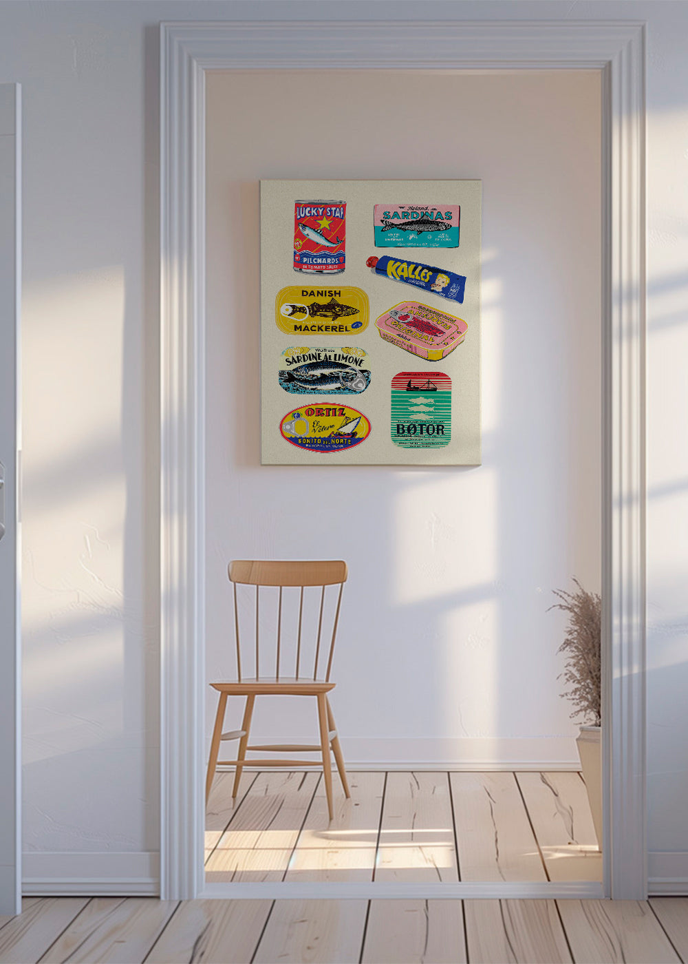 Køkkenkunst med illustrerede konservesetiketter