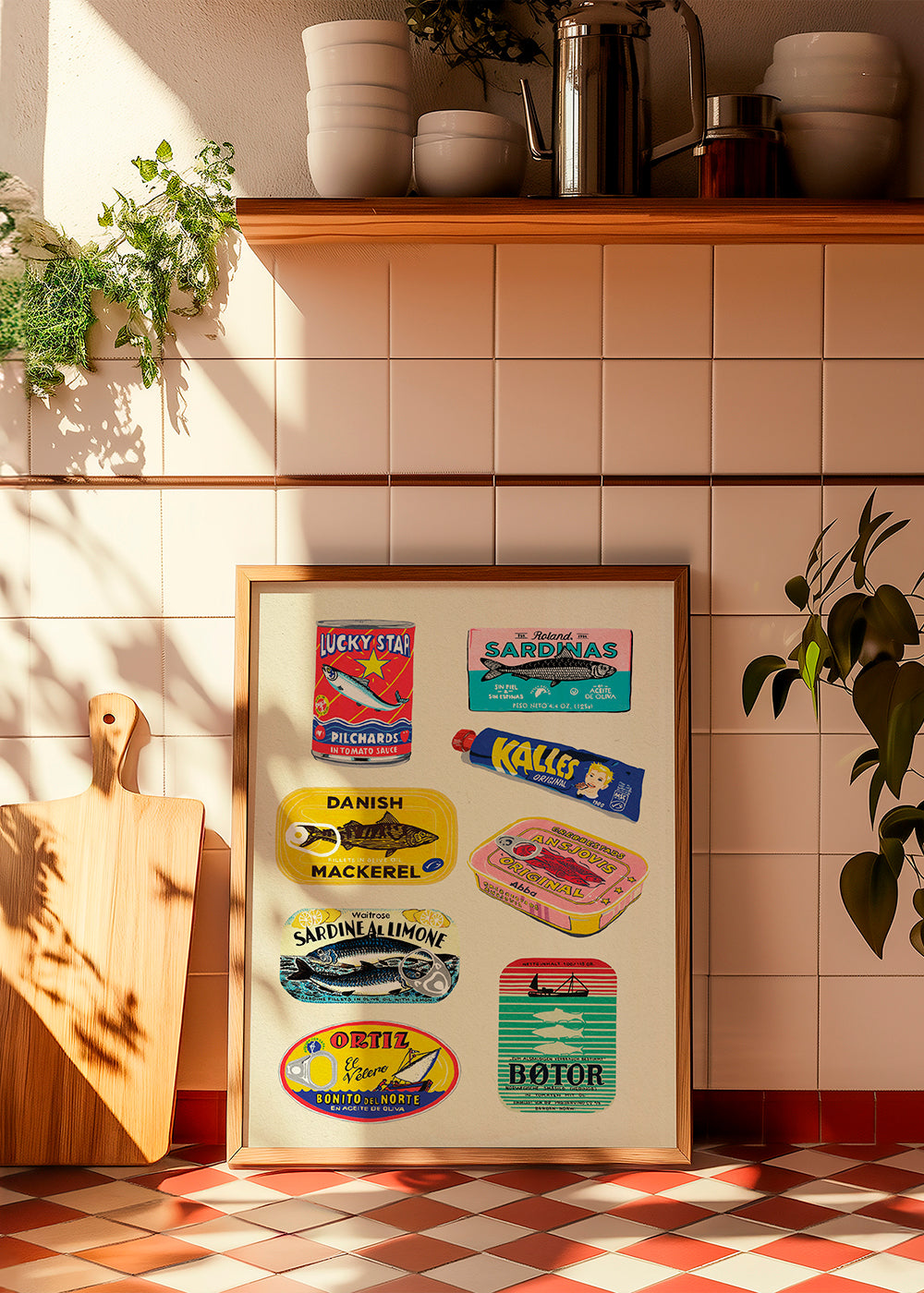 Køkkenkunst med illustrerede konservesetiketter