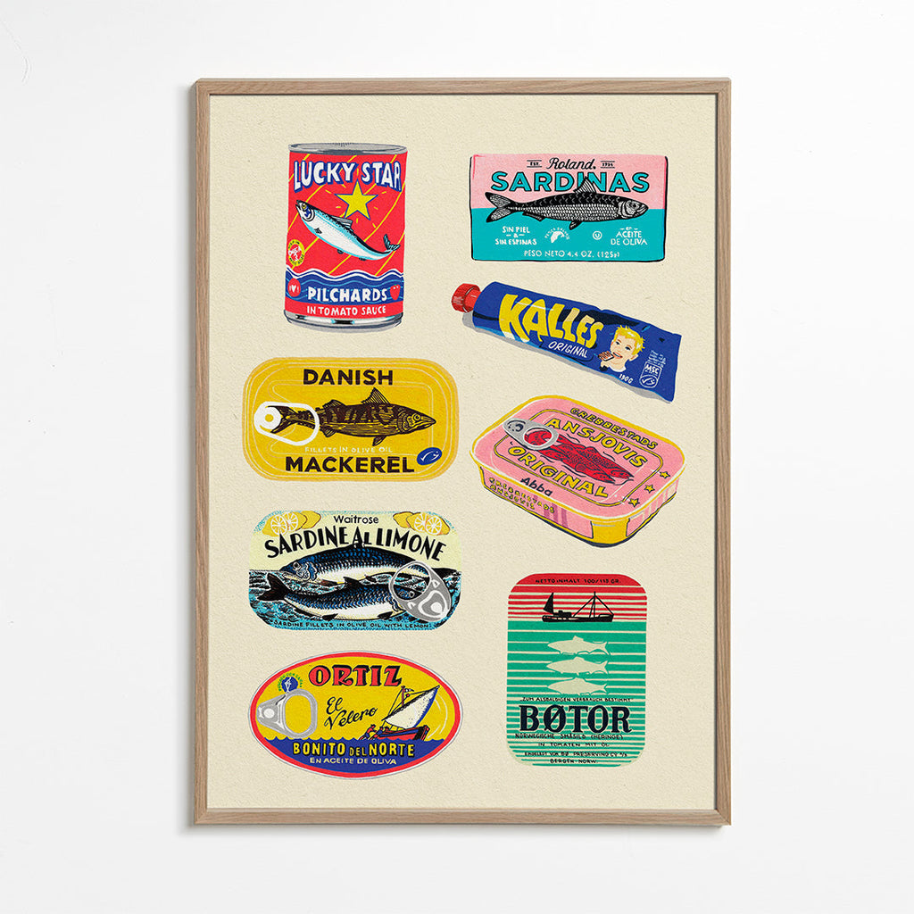 Køkkenkunst med illustrerede konservesetiketter