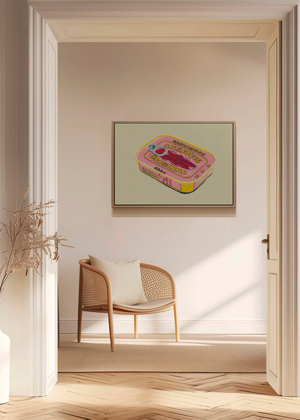 Køkkenkunst illustreret ansjosdåse i pink