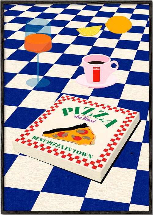 Køkkenkunst med pizza og kaffe på skakbræt