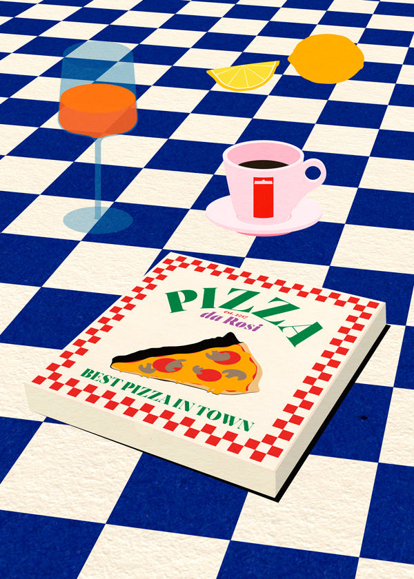 Køkkenkunst med pizza og kaffe på skakbræt