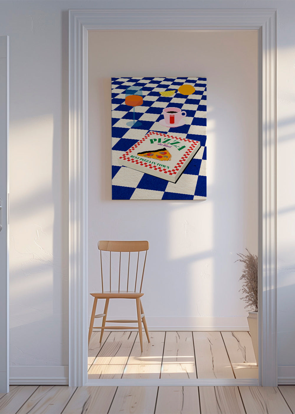 Køkkenkunst med pizza og kaffe på skakbræt
