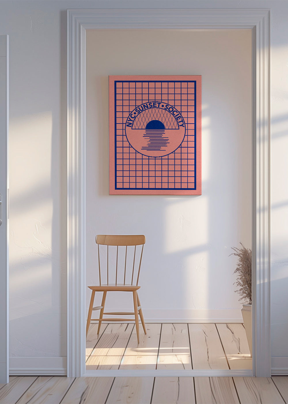 Illustration NYC Sunset grafisk i blå og rosa