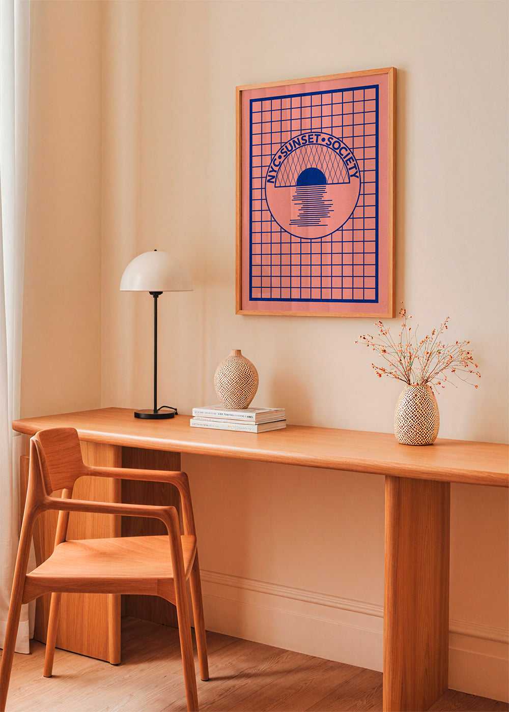 Illustration NYC Sunset grafisk i blå og rosa
