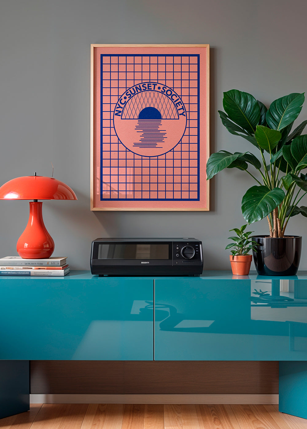 Illustration NYC Sunset grafisk i blå og rosa