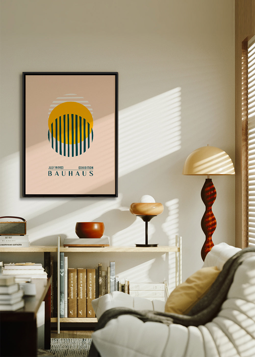 Bauhaus geometrisk illustration med cirkel og striber