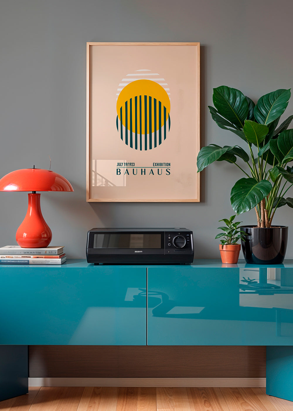 Bauhaus geometrisk illustration med cirkel og striber