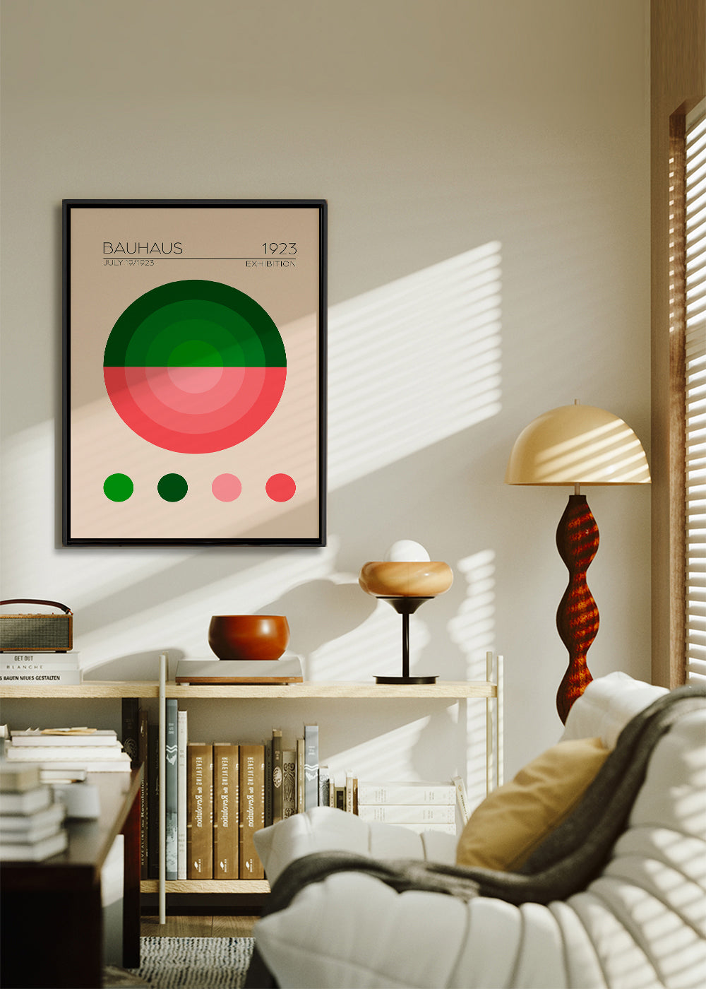 Geometrisk plakat Bauhaus grøn og rosa cirkel