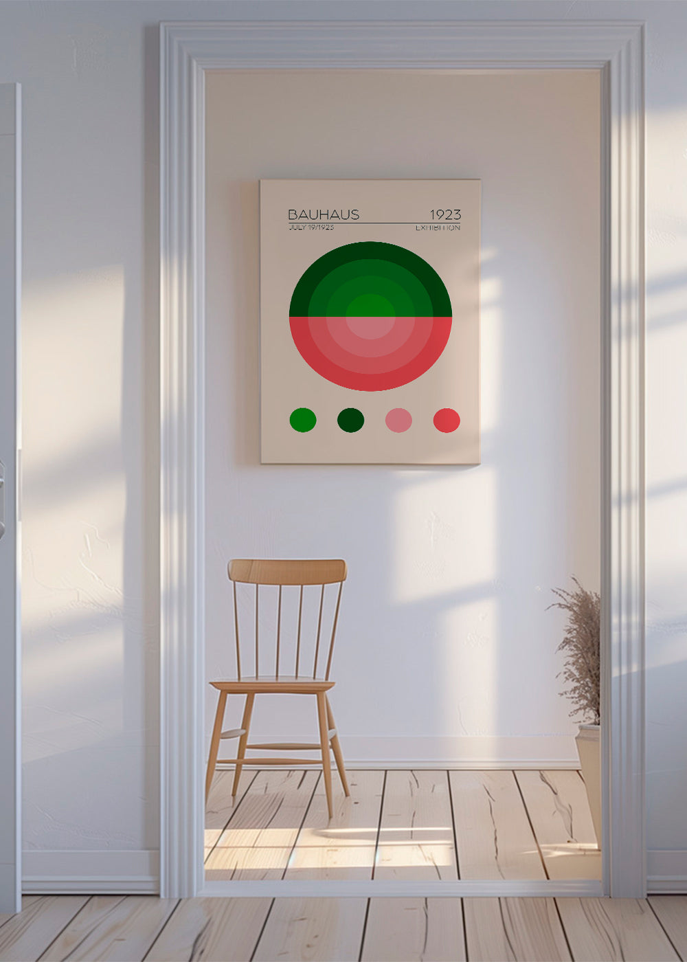 Geometrisk plakat Bauhaus grøn og rosa cirkel